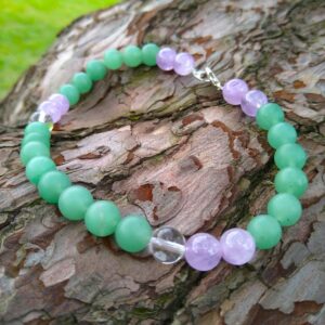 Handmade crystal bracelet. Green aventurine, amethyst, and clear quartz beads. Healing gemstone jewelry.