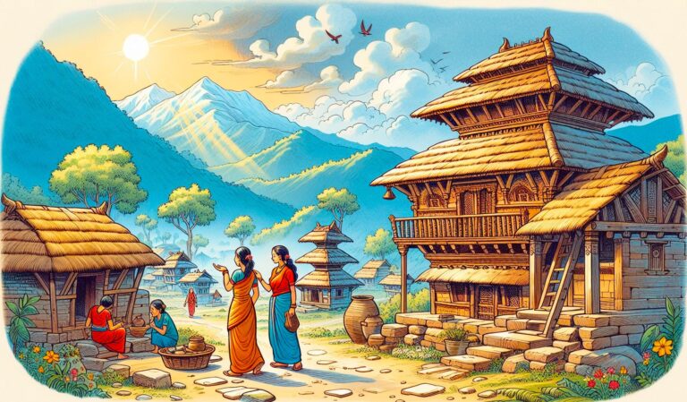 Crystal Resonance Meditation: Women in a serene village setting, enhancing sensitivity to crystals with mindful meditation practices.