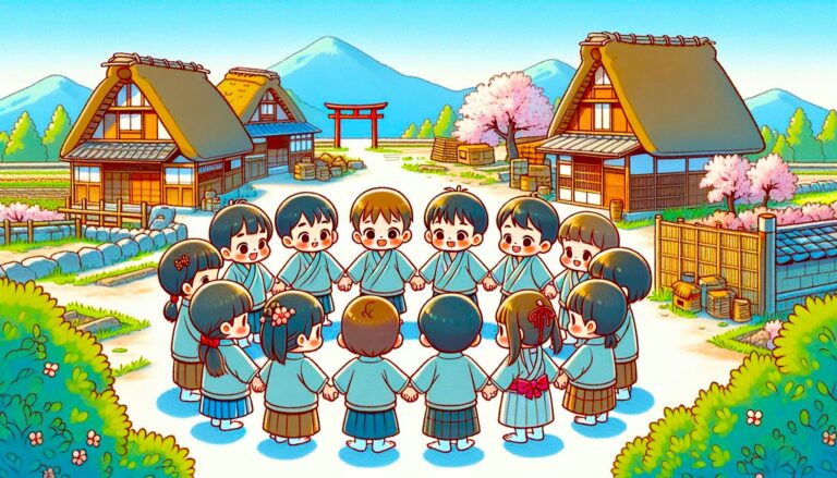 Crystal Resonance: Children holding hands in traditional Japanese village, connecting to oneness and truth, practicing silence.
