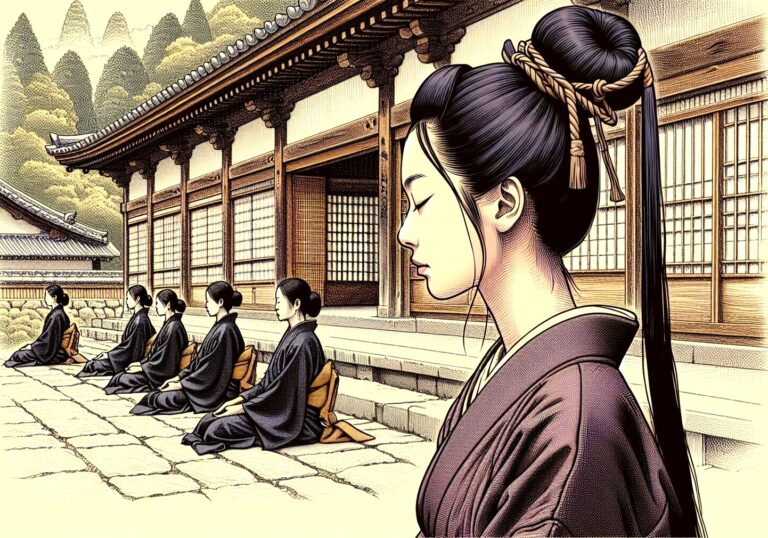 Japanese women meditating in a temple, practicing oneness, truth, and silence, enhancing sensitivity to crystals. Zen practice.