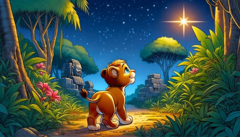Cartoon lion cub gazes at a bright star in a lush jungle setting, ruins visible. Crystal Resonance, oneness concept.
