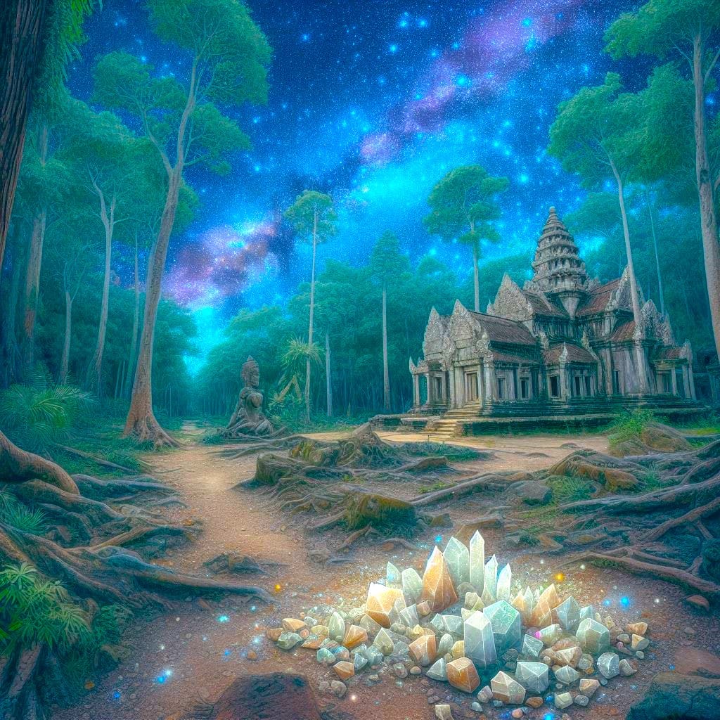 Crystal Resonance: Crystals glow near an ancient temple in a lush forest under a starry sky. Enhance sensitivity to crystals.