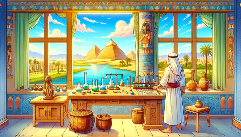 Crystal Resonance: Egyptian alchemist with crystals in lab with pyramids view, enhancing sensitivity, reconnecting with nature.
