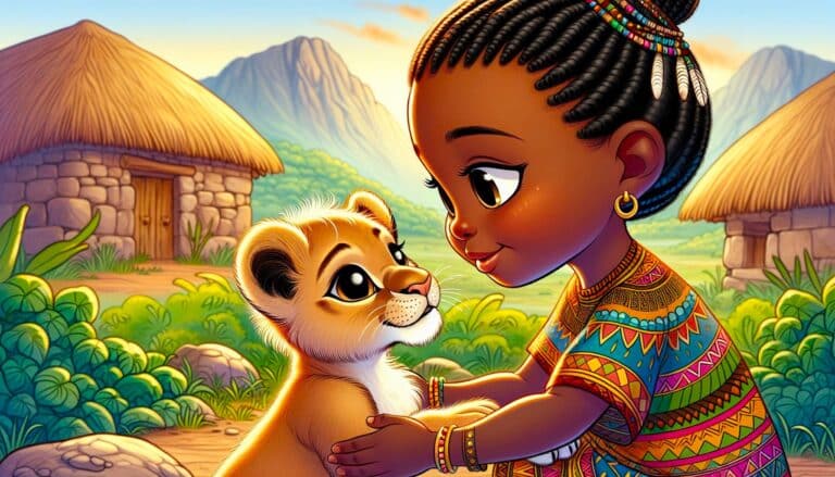 Cartoon image of a young African girl gently holding a lion cub in a vibrant, natural African landscape, evoking gentleness.