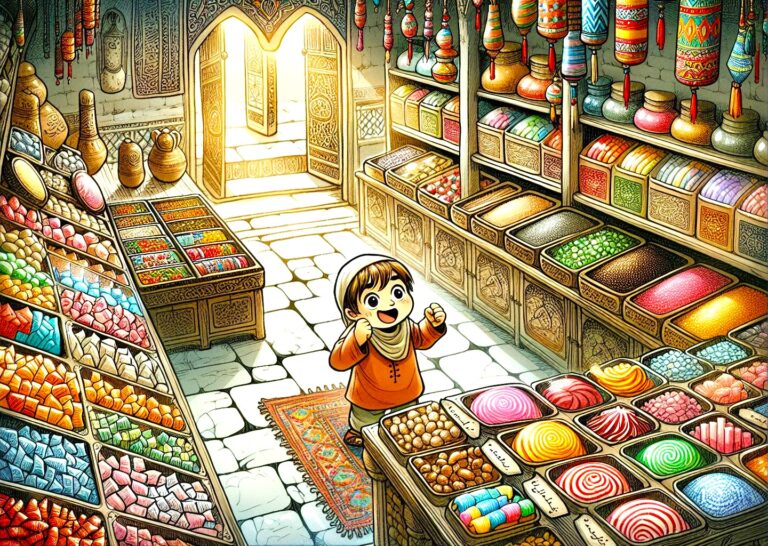 Crystal sensitivity: Boy at a crystal shop with shelves of colorful crystals, enhancing connection with nature and emotions.
