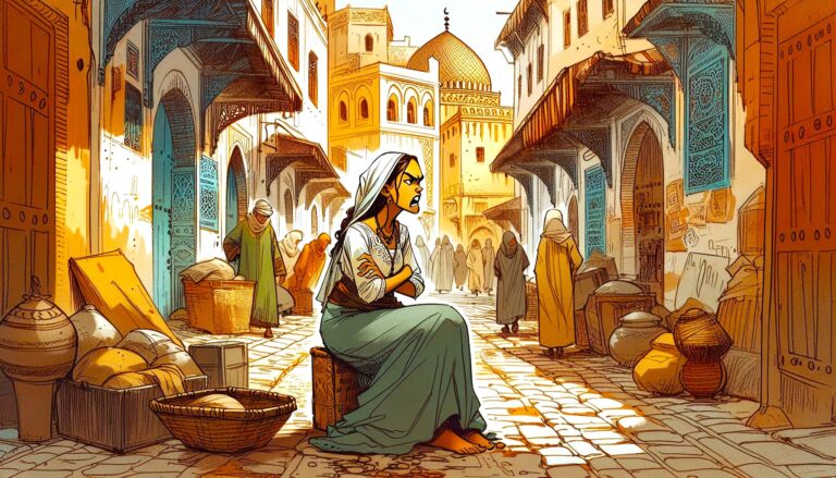 Crystal sensitivity: An angry woman sits in a Middle Eastern market with crystal items, expressing emotion and disharmony.