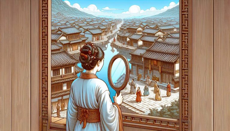 Crystal resonance art: Woman with mirror gazing at traditional Japanese town, enhancing sensitivity, connecting with nature.