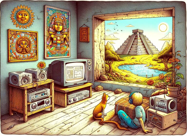 Crystal resonance art: Boy with headphones, cat, vintage tech, Mayan pyramid view. Harmony and nature in a retro room.