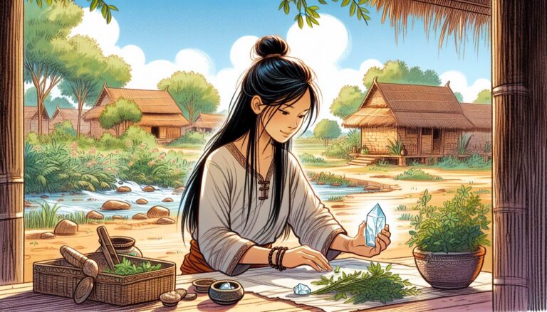 Crystal resonance: Woman with crystal in nature, enhancing sensitivity. Healing crystals, meditation, nature reconnection, holistic wellness.
