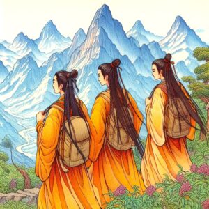 Crystal resonance: Three figures with backpacks journey through nature, fostering sensitivity and reconnection with the natural world.
