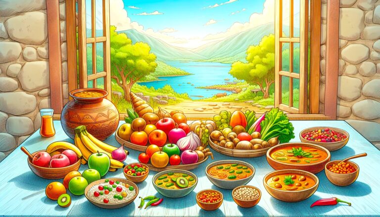 Crystal sensitivity: Table laden with fruits, vegetables, and dishes set against a scenic mountain view, enhancing natural connection.