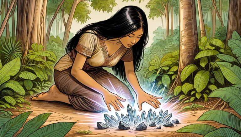 Woman connecting with crystals in forest. Crystal resonance for enhanced sensitivity and nature reconnection.