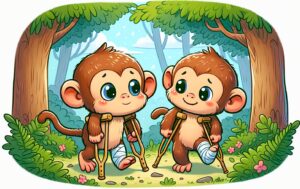 Two cartoon monkeys with bandaged legs using crutches in a forest setting, conveying themes of healing and resilience.
