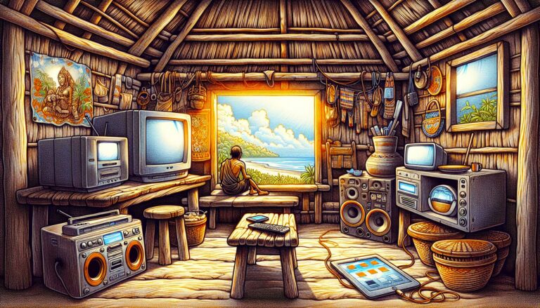 Crystal resonance meditation: Man gazes at ocean from rustic hut filled with electronics, enhancing sensitivity and mindfulness.