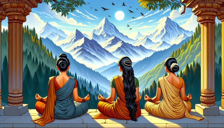 Crystal Meditation: Three women meditating in lotus position with mountain views. Mindfulness and stillness practice.