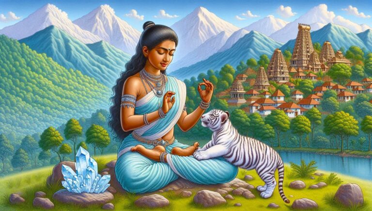 Crystal meditation scene: Woman meditating with crystals, white tiger cub, mountains, and temple in the background.
