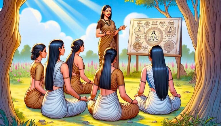 Crystal meditation class: Women learning mindfulness and meditation techniques from a teacher outdoors. Spiritual wellness concept.