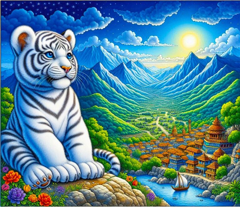 Crystal Meditation: White tiger cub overlooking a peaceful village in a mountain valley at sunrise. Mindfulness and serenity.