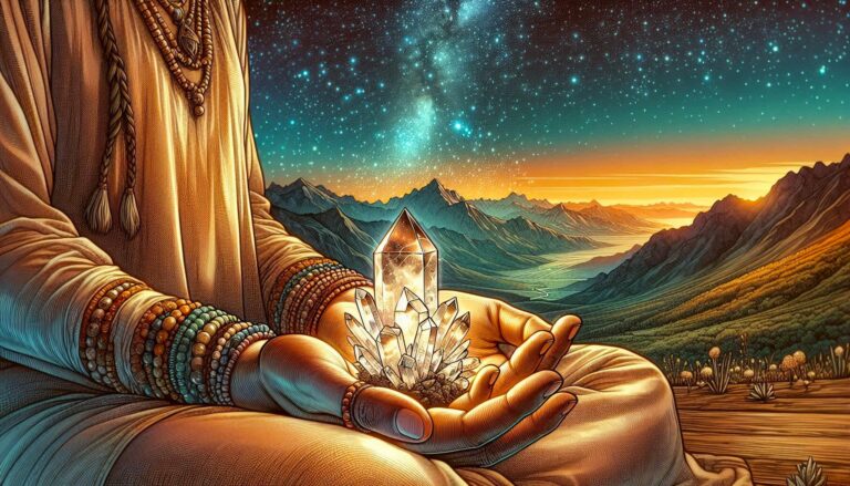 Crystal meditation: Person holding crystals with mountain and starry sky background, ideal for natural stone meditation practice.