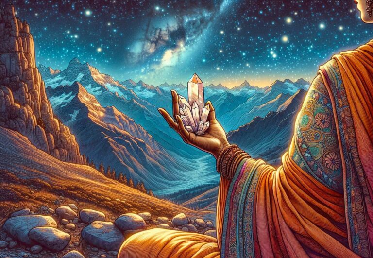 Crystal meditation: Hand holding quartz with mountain and starry sky backdrop. Natural stone accessories for mindfulness.