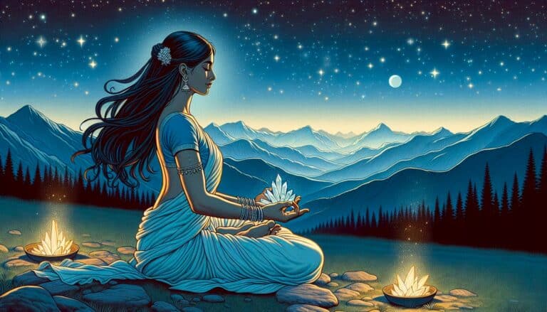 Crystal Meditation: Woman meditating with crystals outdoors under starry sky. Healing crystals and accessories for meditation.