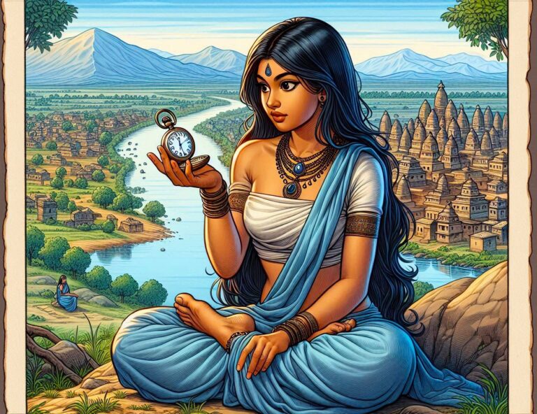 Crystal meditation: Woman with clock, serene landscape. Optimal meditation rhythm and benefits visual guide.