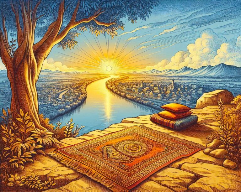 Crystal meditation setting with rug and pillows overlooking a serene river and cityscape at sunrise. Perfect for mindfulness.