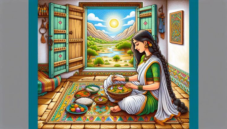 Crystal Meditation: Woman in sari meditating with crystal bowls in serene landscape. Inner peace, mindfulness, spiritual journey.
