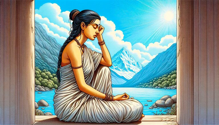 Crystal Meditation: Woman in saree meditating by lake with mountains. Inner peace and mindfulness concept.