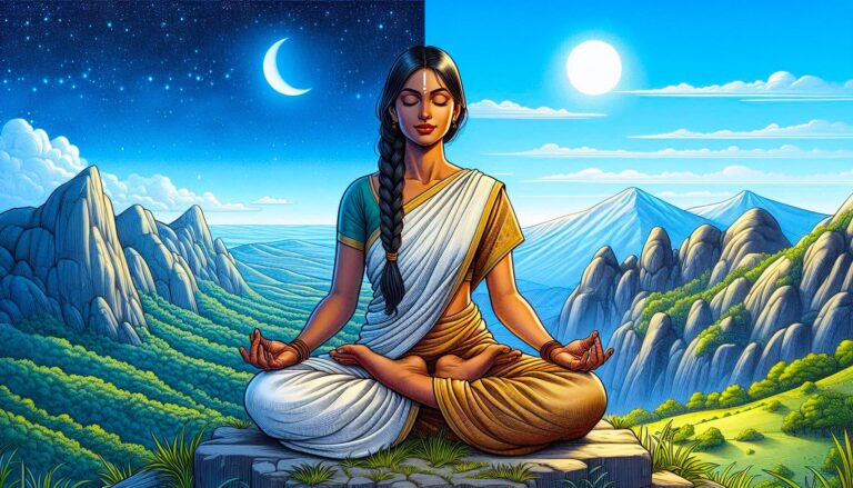Crystal Meditation: Woman in lotus pose meditating under the moon and sun, connecting to inner peace in nature.