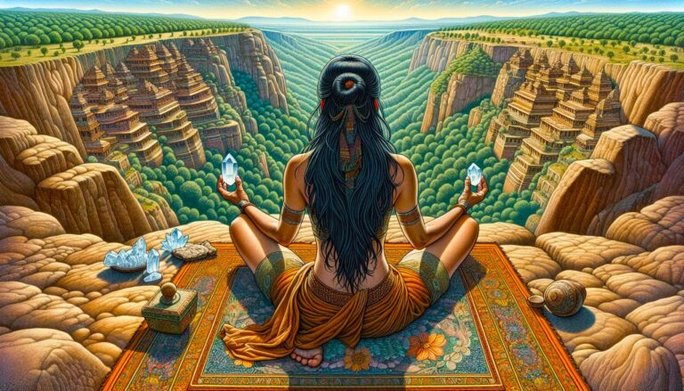 Crystal meditation: Woman meditates with crystals on a cliff overlooking temples and a valley at sunrise. Body and mind alignment.
