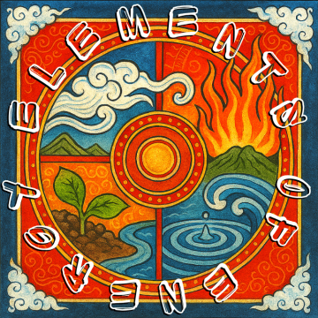 Elements of Energy - Movement Arts logo: Elements. Air, fire, earth, water. Letters floating in each element.